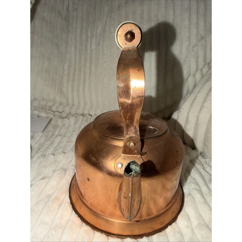 Vtg Copper Tea Kettle Porcelain Handle & Lid Knob Decorative Teapot Pantina